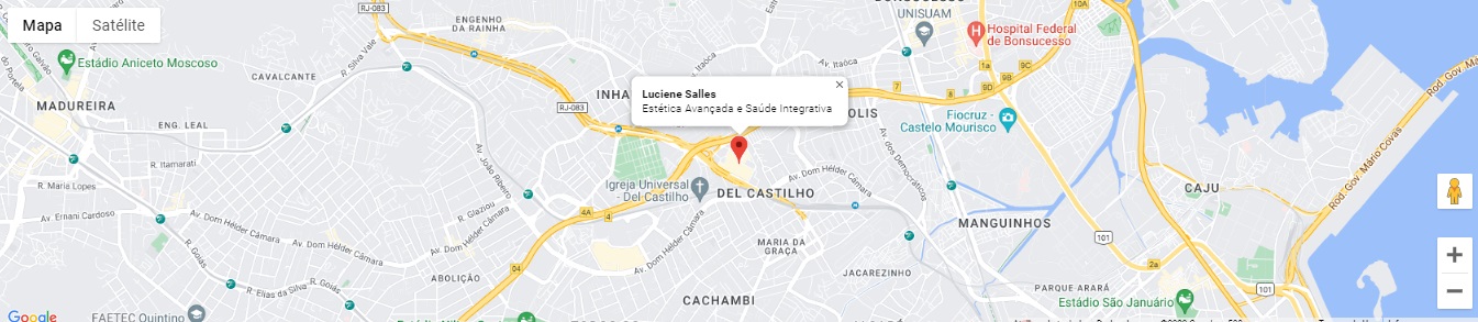 Mapa da cidade do Rio de Janeiro, destacando o bairro de Del Castilho e o Shopping Nova América, onde funciona a Luciene Salles Estética Avançada